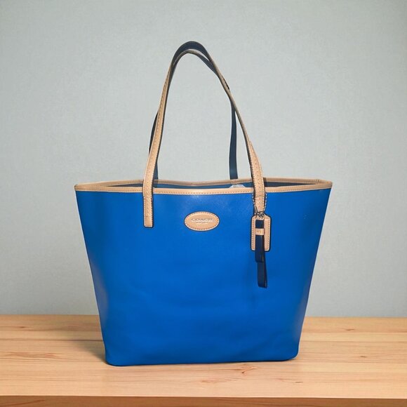 Coach Metro Tote F31326 Blue Leather Tan Trim Shoulder Bag City Shopper Carryall - Picture 3 of 10